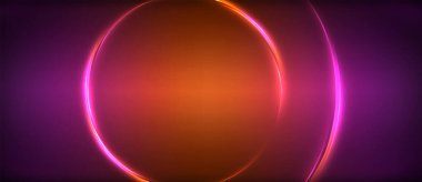 Neon parlayan daire ışınları, karanlıkta ışık saçan yuvarlak çizgiler, gezegen tarzı neon dalga çizgileri. Duvar kağıdı, afiş, arkaplan için enerji yüklü elektrik konsept tasarımı