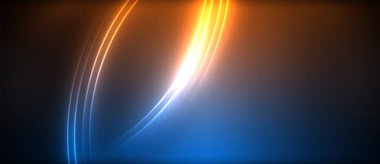Neon parlayan daire ışınları, karanlıkta ışık saçan yuvarlak çizgiler, gezegen tarzı neon dalga çizgileri. Duvar kağıdı, afiş, arkaplan için enerji yüklü elektrik konsept tasarımı