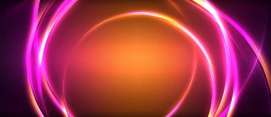 Neon parlayan daire ışınları, karanlıkta ışık saçan yuvarlak çizgiler, gezegen tarzı neon dalga çizgileri. Duvar kağıdı, afiş, arkaplan için enerji yüklü elektrik konsept tasarımı