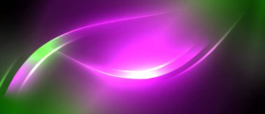 Neon parlayan daire ışınları, karanlıkta ışık saçan yuvarlak çizgiler, gezegen tarzı neon dalga çizgileri. Duvar kağıdı, afiş, arkaplan için enerji yüklü elektrik konsept tasarımı