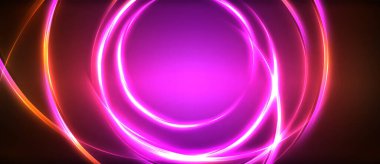 Neon parlayan daire ışınları, karanlıkta ışık saçan yuvarlak çizgiler, gezegen tarzı neon dalga çizgileri. Duvar kağıdı, afiş, arkaplan için enerji yüklü elektrik konsept tasarımı
