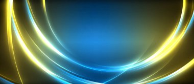 Neon parlayan daire ışınları, karanlıkta ışık saçan yuvarlak çizgiler, gezegen tarzı neon dalga çizgileri. Duvar kağıdı, afiş, arkaplan için enerji yüklü elektrik konsept tasarımı