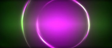 Neon parlayan daire ışınları, karanlıkta ışık saçan yuvarlak çizgiler, gezegen tarzı neon dalga çizgileri. Duvar kağıdı, afiş, arkaplan için enerji yüklü elektrik konsept tasarımı