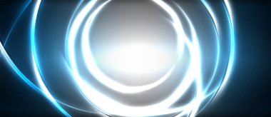 Neon parlayan daire ışınları, karanlıkta ışık saçan yuvarlak çizgiler, gezegen tarzı neon dalga çizgileri. Duvar kağıdı, afiş, arkaplan için enerji yüklü elektrik konsept tasarımı