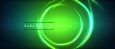 Neon parlayan daire ışınları, karanlıkta ışık saçan yuvarlak çizgiler, gezegen tarzı neon dalga çizgileri. Duvar kağıdı, afiş, arkaplan için enerji yüklü elektrik konsept tasarımı