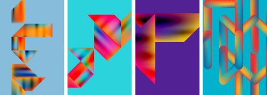 Renkli geometrik posterler, yuvarlak şekiller ve sıvı renk eğimli daireler. Duvar kağıdı, kartvizit, kapak, poster, afiş, broşür, başlık, web sitesi için soyut arkaplan