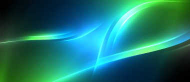 Neon parlayan daire ışınları, karanlıkta ışık saçan yuvarlak çizgiler, gezegen tarzı neon dalga çizgileri. Duvar kağıdı, afiş, arkaplan için enerji yüklü elektrik konsept tasarımı