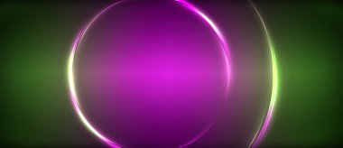 Neon parlayan daire ışınları, karanlıkta ışık saçan yuvarlak çizgiler, gezegen tarzı neon dalga çizgileri. Duvar kağıdı, afiş, arkaplan için enerji yüklü elektrik konsept tasarımı