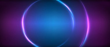 Neon parlayan daire ışınları, karanlıkta ışık saçan yuvarlak çizgiler, gezegen tarzı neon dalga çizgileri. Duvar kağıdı, afiş, arkaplan için enerji yüklü elektrik konsept tasarımı
