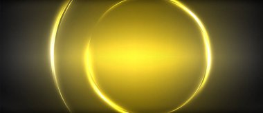 Neon parlayan daire ışınları, karanlıkta ışık saçan yuvarlak çizgiler, gezegen tarzı neon dalga çizgileri. Duvar kağıdı, afiş, arkaplan için enerji yüklü elektrik konsept tasarımı