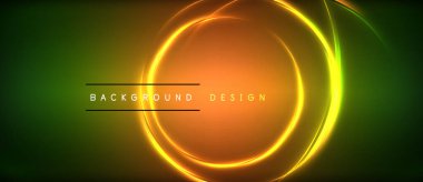 Neon parlayan daire ışınları, karanlıkta ışık saçan yuvarlak çizgiler, gezegen tarzı neon dalga çizgileri. Duvar kağıdı, afiş, arkaplan için enerji yüklü elektrik konsept tasarımı