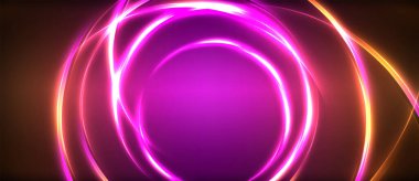 Neon parlayan daire ışınları, karanlıkta ışık saçan yuvarlak çizgiler, gezegen tarzı neon dalga çizgileri. Duvar kağıdı, afiş, arkaplan için enerji yüklü elektrik konsept tasarımı