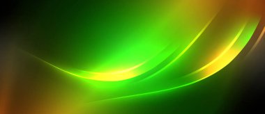 Neon parlayan daire ışınları, karanlıkta ışık saçan yuvarlak çizgiler, gezegen tarzı neon dalga çizgileri. Duvar kağıdı, afiş, arkaplan için enerji yüklü elektrik konsept tasarımı