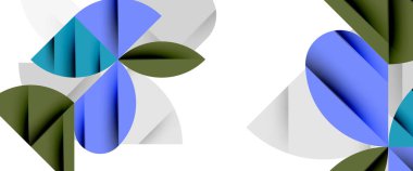 Beyaza asgari geometrik elementler. Yapraklar, yuvarlak üçgenler, yıldızlar.