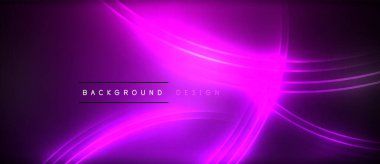 Neon parlayan daire ışınları, karanlıkta ışık saçan yuvarlak çizgiler, gezegen tarzı neon dalga çizgileri. Duvar kağıdı, afiş, arkaplan için enerji yüklü elektrik konsept tasarımı