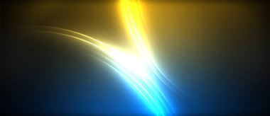 Neon parlayan daire ışınları, karanlıkta ışık saçan yuvarlak çizgiler, gezegen tarzı neon dalga çizgileri. Duvar kağıdı, afiş, arkaplan için enerji yüklü elektrik konsept tasarımı