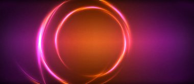 Neon parlayan daire ışınları, karanlıkta ışık saçan yuvarlak çizgiler, gezegen tarzı neon dalga çizgileri. Duvar kağıdı, afiş, arkaplan için enerji yüklü elektrik konsept tasarımı