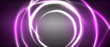 Neon parlayan daire ışınları, karanlıkta ışık saçan yuvarlak çizgiler, gezegen tarzı neon dalga çizgileri. Duvar kağıdı, afiş, arkaplan için enerji yüklü elektrik konsept tasarımı