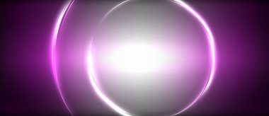 Neon parlayan daire ışınları, karanlıkta ışık saçan yuvarlak çizgiler, gezegen tarzı neon dalga çizgileri. Duvar kağıdı, afiş, arkaplan için enerji yüklü elektrik konsept tasarımı