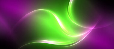 Neon parlayan daire ışınları, karanlıkta ışık saçan yuvarlak çizgiler, gezegen tarzı neon dalga çizgileri. Duvar kağıdı, afiş, arkaplan için enerji yüklü elektrik konsept tasarımı