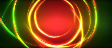 Neon parlayan daire ışınları, karanlıkta ışık saçan yuvarlak çizgiler, gezegen tarzı neon dalga çizgileri. Duvar kağıdı, afiş, arkaplan için enerji yüklü elektrik konsept tasarımı