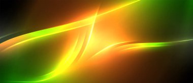 Neon parlayan daire ışınları, karanlıkta ışık saçan yuvarlak çizgiler, gezegen tarzı neon dalga çizgileri. Duvar kağıdı, afiş, arkaplan için enerji yüklü elektrik konsept tasarımı