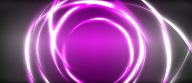 Neon parlayan daire ışınları, karanlıkta ışık saçan yuvarlak çizgiler, gezegen tarzı neon dalga çizgileri. Duvar kağıdı, afiş, arkaplan için enerji yüklü elektrik konsept tasarımı