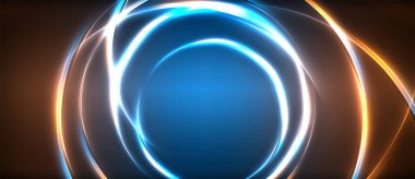Neon parlayan daire ışınları, karanlıkta ışık saçan yuvarlak çizgiler, gezegen tarzı neon dalga çizgileri. Duvar kağıdı, afiş, arkaplan için enerji yüklü elektrik konsept tasarımı