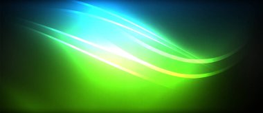 Neon parlayan daire ışınları, karanlıkta ışık saçan yuvarlak çizgiler, gezegen tarzı neon dalga çizgileri. Duvar kağıdı, afiş, arkaplan için enerji yüklü elektrik konsept tasarımı