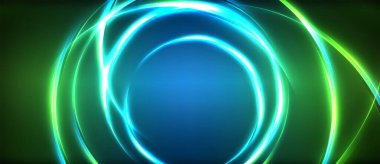 Neon parlayan daire ışınları, karanlıkta ışık saçan yuvarlak çizgiler, gezegen tarzı neon dalga çizgileri. Duvar kağıdı, afiş, arkaplan için enerji yüklü elektrik konsept tasarımı