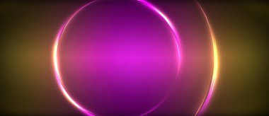 Neon parlayan daire ışınları, karanlıkta ışık saçan yuvarlak çizgiler, gezegen tarzı neon dalga çizgileri. Duvar kağıdı, afiş, arkaplan için enerji yüklü elektrik konsept tasarımı