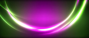 Neon parlayan daire ışınları, karanlıkta ışık saçan yuvarlak çizgiler, gezegen tarzı neon dalga çizgileri. Duvar kağıdı, afiş, arkaplan için enerji yüklü elektrik konsept tasarımı