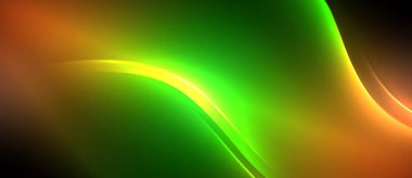 Neon parlayan daire ışınları, karanlıkta ışık saçan yuvarlak çizgiler, gezegen tarzı neon dalga çizgileri. Duvar kağıdı, afiş, arkaplan için enerji yüklü elektrik konsept tasarımı