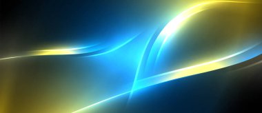 Neon parlayan daire ışınları, karanlıkta ışık saçan yuvarlak çizgiler, gezegen tarzı neon dalga çizgileri. Duvar kağıdı, afiş, arkaplan için enerji yüklü elektrik konsept tasarımı
