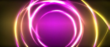 Neon parlayan daire ışınları, karanlıkta ışık saçan yuvarlak çizgiler, gezegen tarzı neon dalga çizgileri. Duvar kağıdı, afiş, arkaplan için enerji yüklü elektrik konsept tasarımı