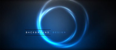 Neon parlayan daire ışınları, karanlıkta ışık saçan yuvarlak çizgiler, gezegen tarzı neon dalga çizgileri. Duvar kağıdı, afiş, arkaplan için enerji yüklü elektrik konsept tasarımı