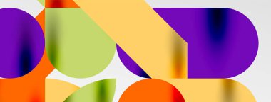 Mozaik geometrik elementler. Renkli daireler, yuvarlak geometrik şekiller ve gölgeli üç boyutlu çizgiler. Duvar kağıdı, pankart, şablon veya iniş için basit biçimler