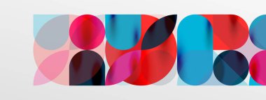 Mozaik geometrik elementler. Renkli daireler, yuvarlak geometrik şekiller ve gölgeli üç boyutlu çizgiler. Duvar kağıdı, pankart, şablon veya iniş için basit biçimler