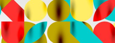 Mozaik geometrik elementler. Renkli daireler, yuvarlak geometrik şekiller ve gölgeli üç boyutlu çizgiler. Duvar kağıdı, pankart, şablon veya iniş için basit biçimler