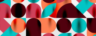 Mozaik geometrik elementler. Renkli daireler, yuvarlak geometrik şekiller ve gölgeli üç boyutlu çizgiler. Duvar kağıdı, pankart, şablon veya iniş için basit biçimler