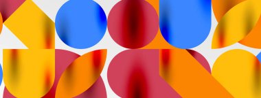 Mozaik geometrik elementler. Renkli daireler, yuvarlak geometrik şekiller ve gölgeli üç boyutlu çizgiler. Duvar kağıdı, pankart, şablon veya iniş için basit biçimler