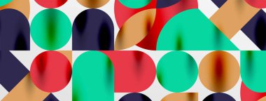 Mozaik geometrik elementler. Renkli daireler, yuvarlak geometrik şekiller ve gölgeli üç boyutlu çizgiler. Duvar kağıdı, pankart, şablon veya iniş için basit biçimler