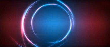 Neon parlayan daire ışınları, karanlıkta ışık saçan yuvarlak çizgiler, gezegen tarzı neon dalga çizgileri. Duvar kağıdı, afiş, arkaplan için enerji yüklü elektrik konsept tasarımı