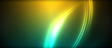 Neon parlayan daire ışınları, karanlıkta ışık saçan yuvarlak çizgiler, gezegen tarzı neon dalga çizgileri. Duvar kağıdı, afiş, arkaplan için enerji yüklü elektrik konsept tasarımı