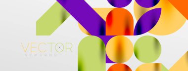 Mozaik geometrik elementler. Renkli daireler, yuvarlak geometrik şekiller ve gölgeli üç boyutlu çizgiler. Duvar kağıdı, pankart, şablon veya iniş için basit biçimler