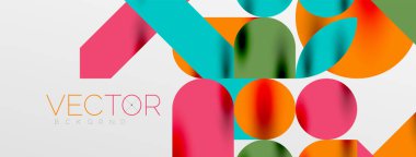 Mozaik geometrik elementler. Renkli daireler, yuvarlak geometrik şekiller ve gölgeli üç boyutlu çizgiler. Duvar kağıdı, pankart, şablon veya iniş için basit biçimler