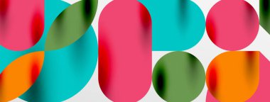 Mozaik geometrik elementler. Renkli daireler, yuvarlak geometrik şekiller ve gölgeli üç boyutlu çizgiler. Duvar kağıdı, pankart, şablon veya iniş için basit biçimler