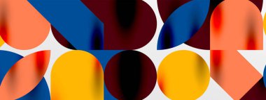 Mozaik geometrik elementler. Renkli daireler, yuvarlak geometrik şekiller ve gölgeli üç boyutlu çizgiler. Duvar kağıdı, pankart, şablon veya iniş için basit biçimler