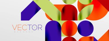 Mozaik geometrik elementler. Renkli daireler, yuvarlak geometrik şekiller ve gölgeli üç boyutlu çizgiler. Duvar kağıdı, pankart, şablon veya iniş için basit biçimler