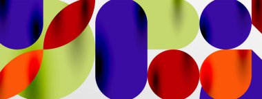 Mozaik geometrik elementler. Renkli daireler, yuvarlak geometrik şekiller ve gölgeli üç boyutlu çizgiler. Duvar kağıdı, pankart, şablon veya iniş için basit biçimler